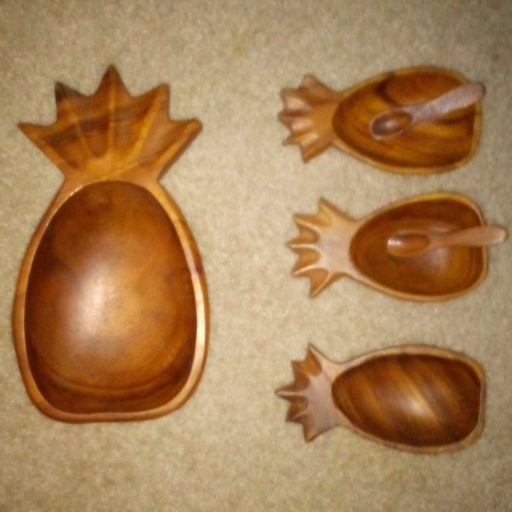 (4) MCM Wooden Serving Bowls: Pineapple Shaped w/ Utensils. Vintage.